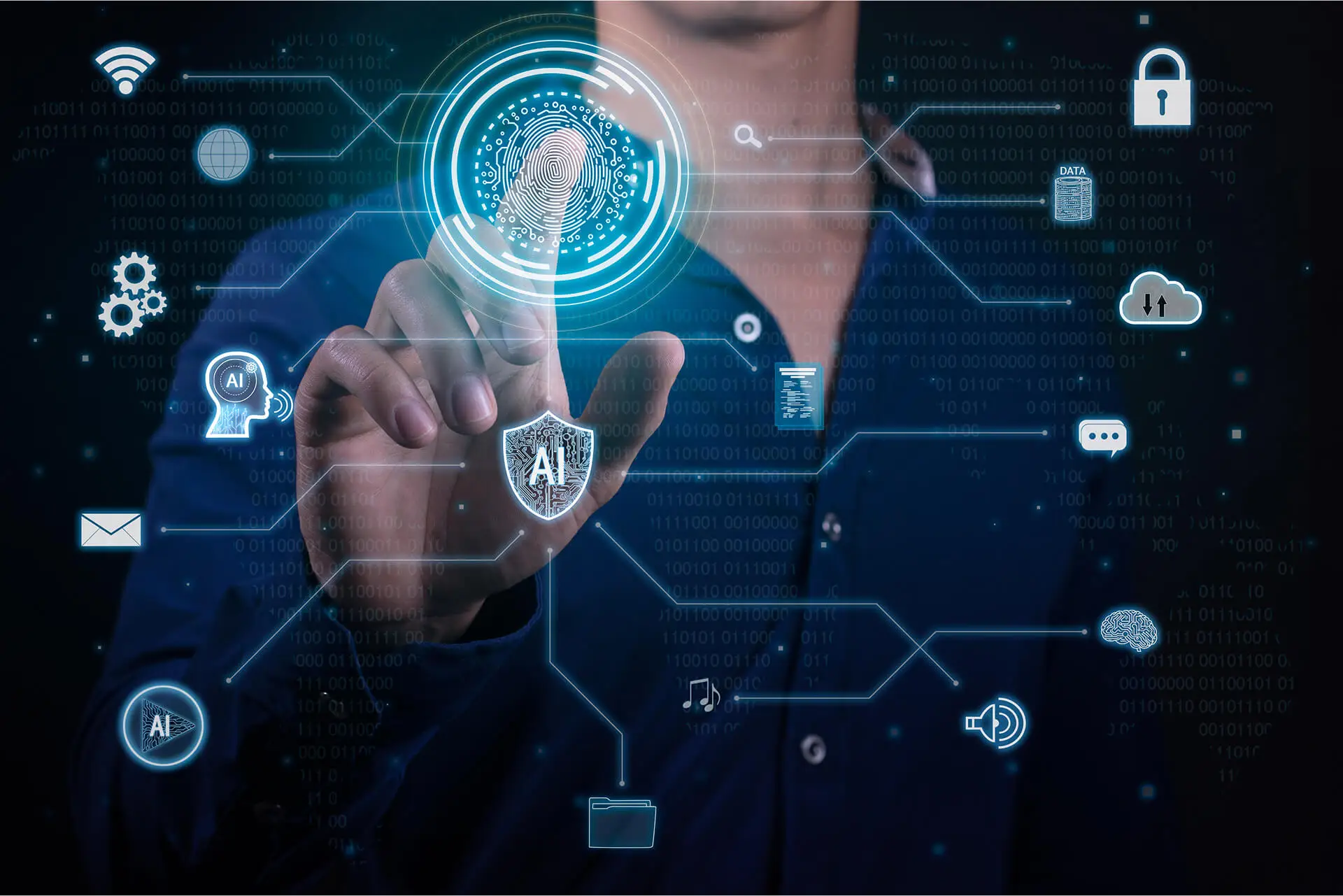 Person interacting with digital biometric authentication interface featuring AI elements, security icons, and data flow, highlighting AI consulting services and cybersecurity solutions.