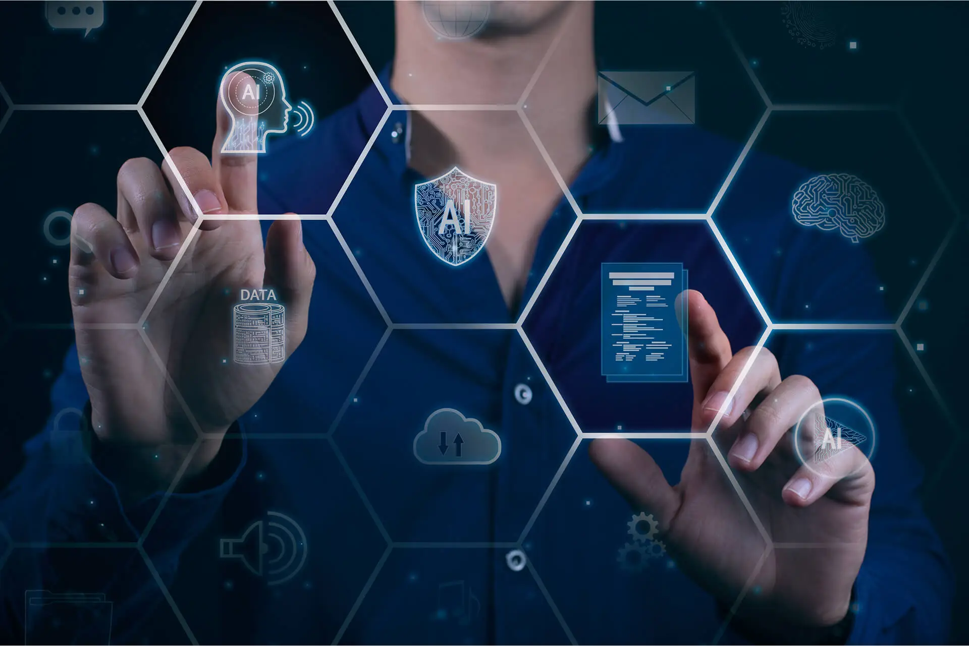 Person interacting with digital interface showcasing AI technologies, data security, and automation icons, emphasizing AI consulting and implementation services.