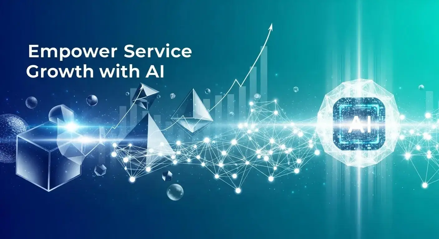 Empower service growth with AI graphic featuring geometric shapes, data connections, and an AI icon, representing innovative marketing automation solutions.
