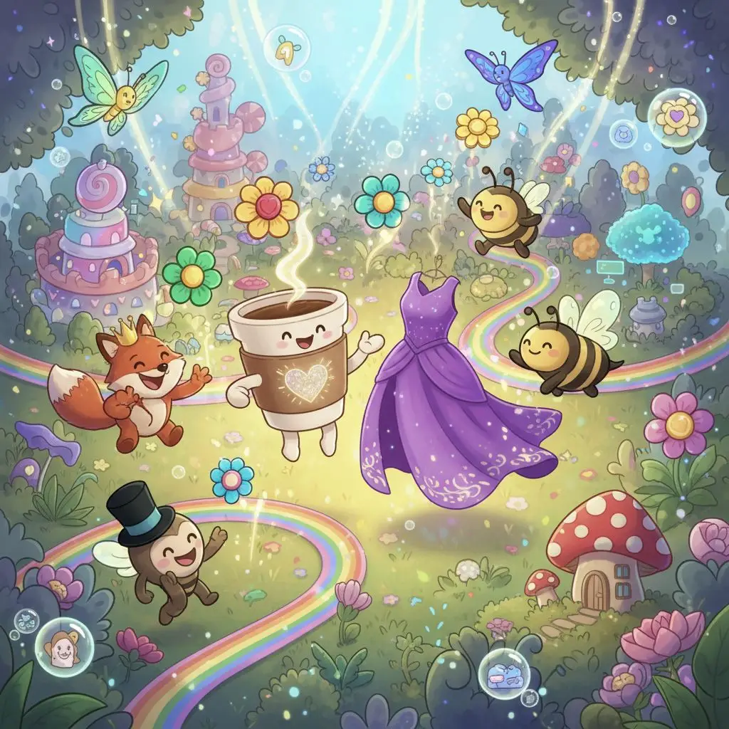 Colorful illustration of a whimsical garden scene featuring a smiling coffee cup, a cheerful fox, and animated bees, surrounded by flowers, a purple dress, and a rainbow pathway, reflecting themes of joy and creativity.