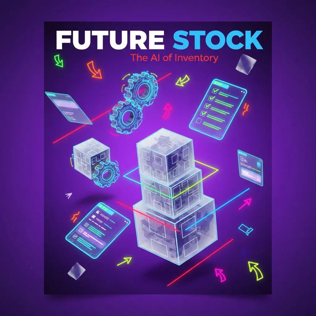 Futuristic graphic titled "Future Stock" featuring transparent inventory cubes, gears, and digital checklists, illustrating AI-driven inventory management concepts.