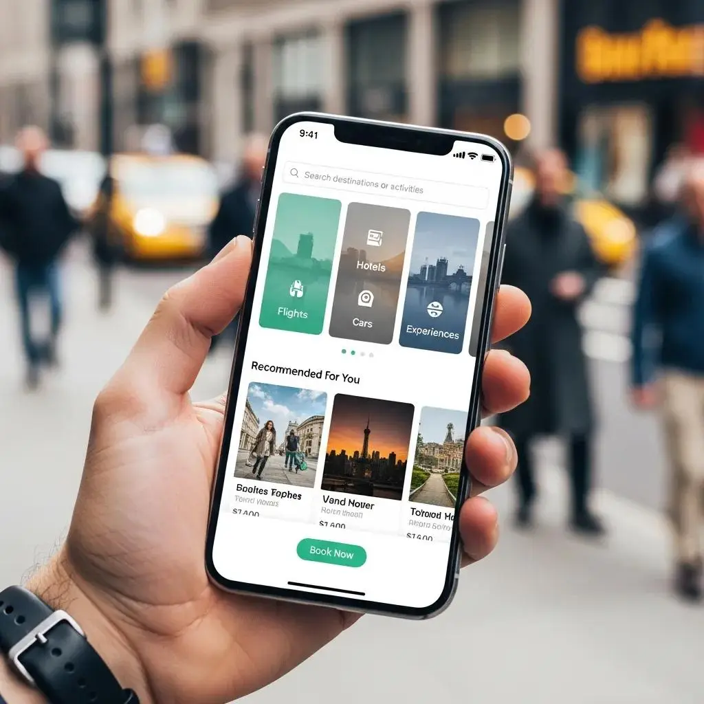 Hand holding smartphone displaying a travel app interface with options for flights, hotels, cars, and experiences, emphasizing mobile-first design for easy booking and user engagement.