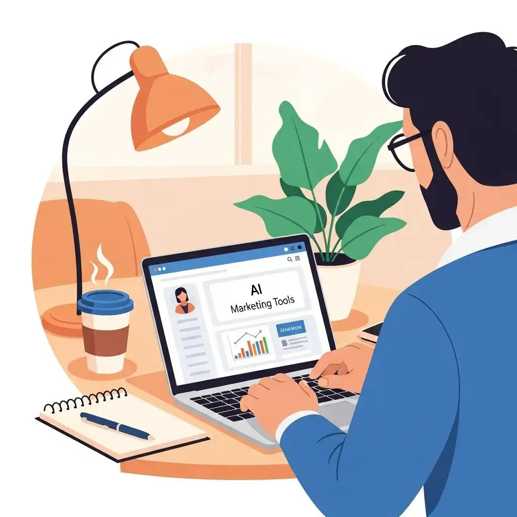 Small business owner utilizing AI marketing tools in a cozy office environment