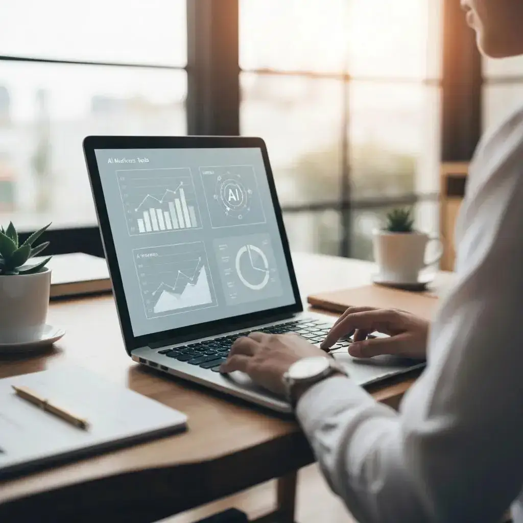 Business professional analyzing AI marketing tools on a laptop, showcasing data visualizations and graphs in a modern office setting.