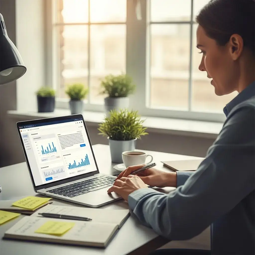 Small business owner analyzing AI-driven SEO tools on laptop in modern office, surrounded by notes and coffee, emphasizing data-driven marketing strategies.