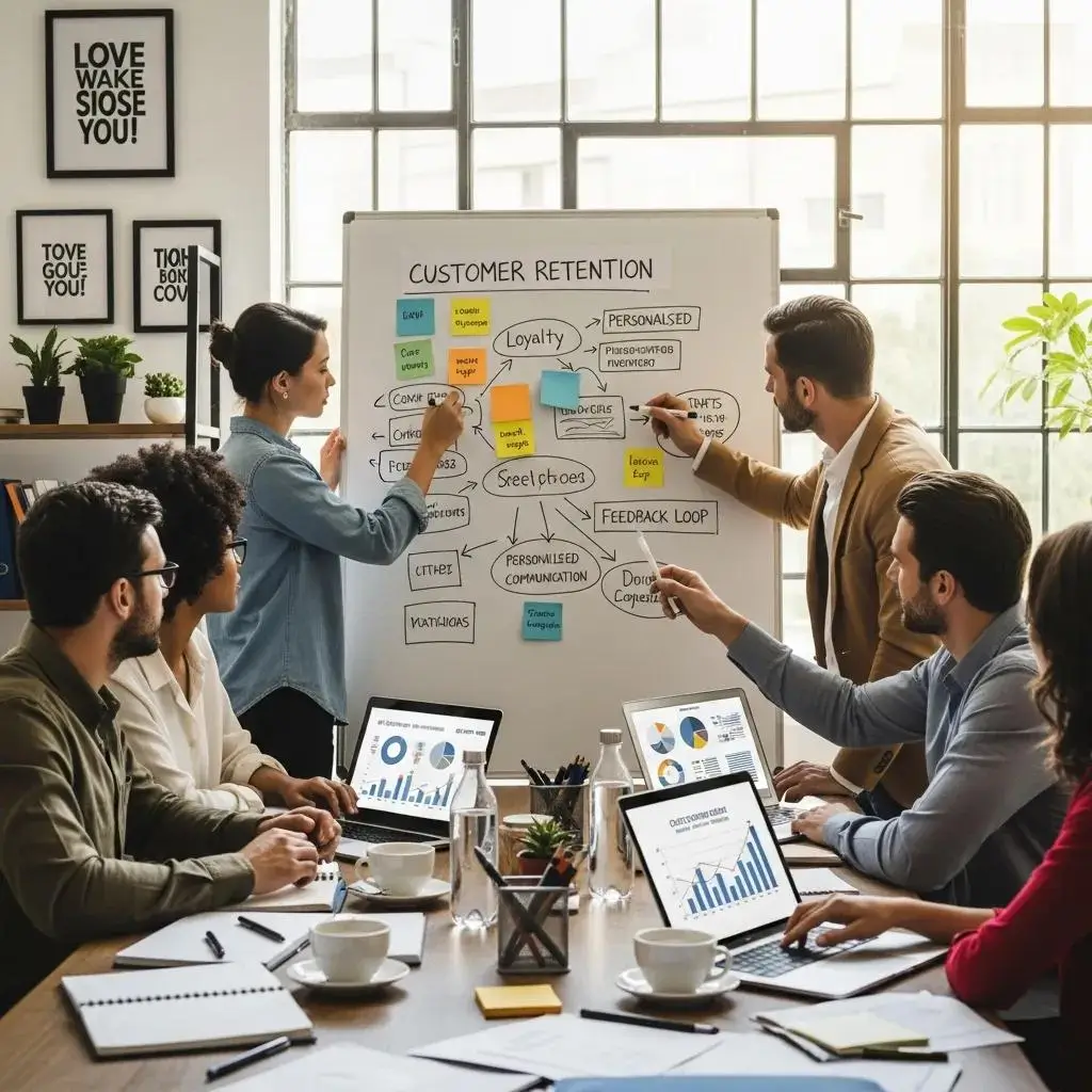 Small business team collaborating on customer retention strategies, discussing personalized communication and feedback loops, with charts and notes in a bright workspace.