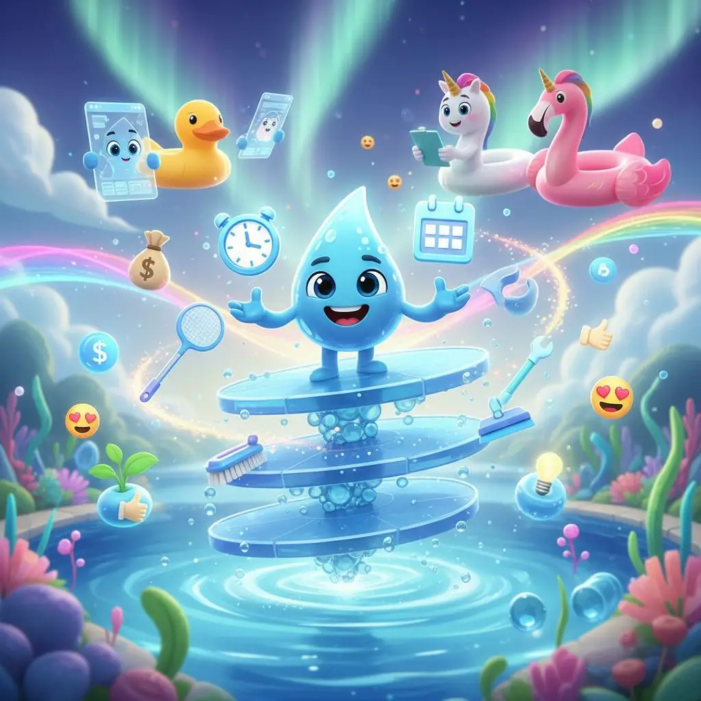 Cartoon water droplet character surrounded by icons representing automation, scheduling, and customer engagement in a vibrant pool setting, emphasizing AI-driven solutions for the pool service industry.